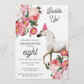 White Horse Pink Floral Girl Cowgirl Birthday 招待状 (正面)