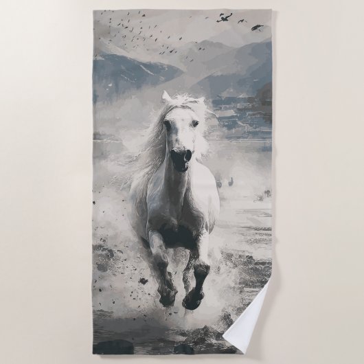 White Horse Running Through Water ビーチタオル (正面)