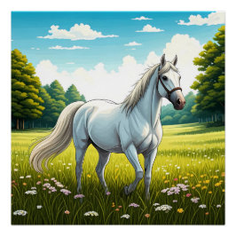White horse standing in a field of grass ポスター