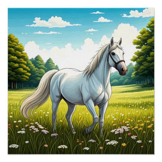 White horse standing in a field of grass ポスター (正面)