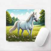 White horse standing in a field of grass マウスパッド (マウス)