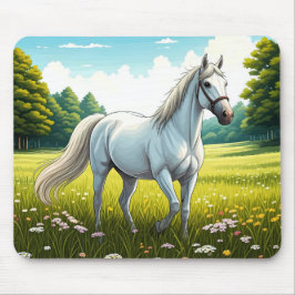 White horse standing in a field of grass マウスパッド