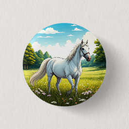 White horse standing in a field of grass 缶バッジ
