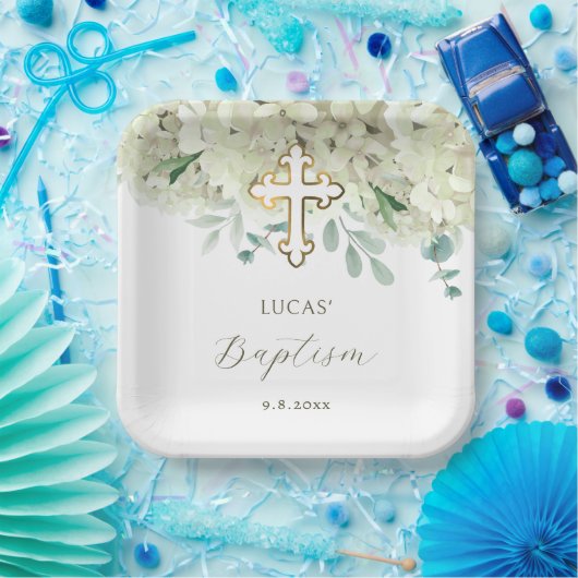 White Hydrangea Baptism ペーパープレート (パーティー)