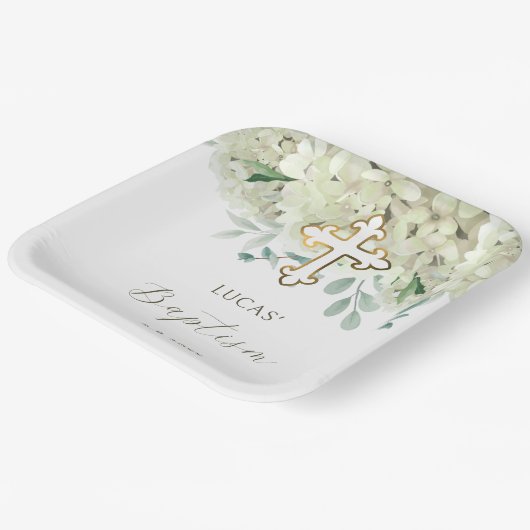 White Hydrangea Baptism ペーパープレート (傾斜あり)