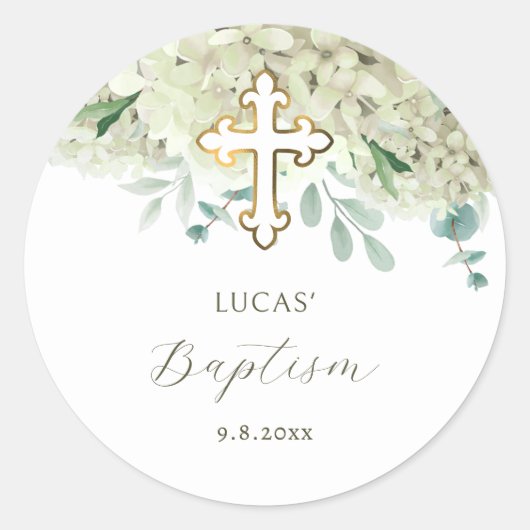 White Hydrangea Baptism Sticker ラウンドシール (正面)