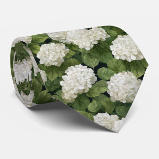 White Hydrangea Flowers with Green Leaves Pattern ネクタイ