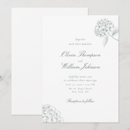 White Hydrangea Green Wedding Invitation 招待状 (正面/裏面)