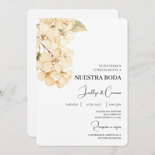White Hydrangea Spanish Wedding Invitation 招待状 (正面/裏面)