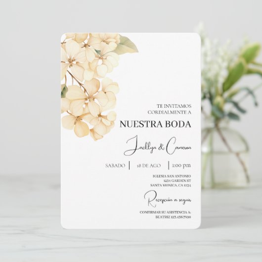 White Hydrangea Spanish Wedding Invitation 招待状 (スタンド正面)