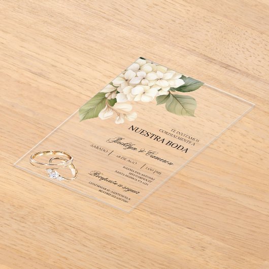 White Hydrangea with ring Spanish Wedding アクリル招待状 (レイダウン)