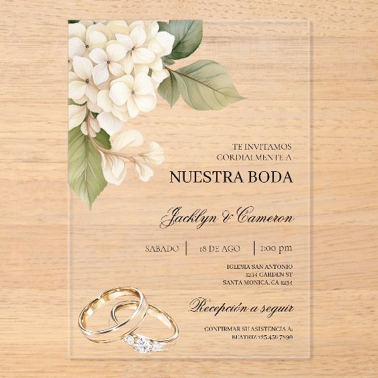 White Hydrangea with ring Spanish Wedding アクリル招待状 (正面)
