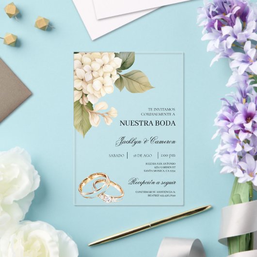 White Hydrangea with ring Spanish Wedding アクリル招待状 (インサイチュ (ウェディング))