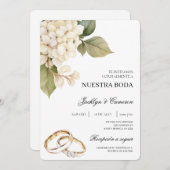 White Hydrangea with ring Spanish Wedding 招待状 (正面/裏面)