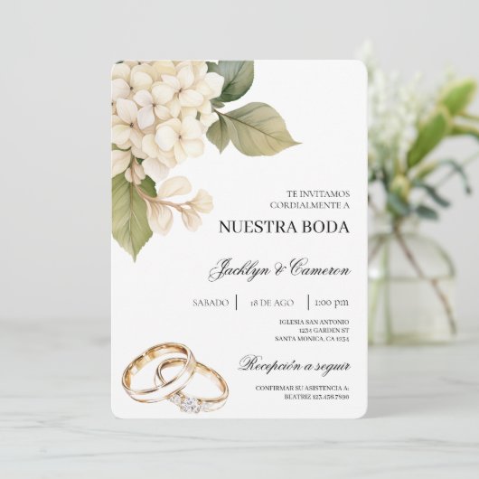 White Hydrangea with ring Spanish Wedding 招待状 (スタンド正面)