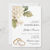 White Hydrangea with ring Spanish Wedding 招待状 (正面)