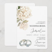 White Hydrangea with ring Spanish Wedding 招待状 (正面/裏面)