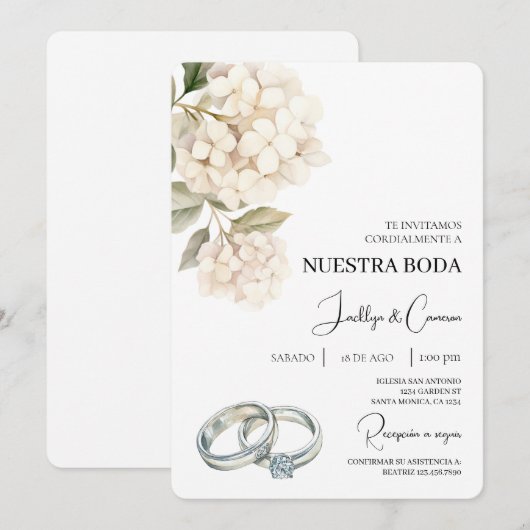 White Hydrangea with ring Spanish Wedding 招待状 (正面/裏面)