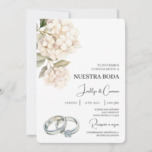 White Hydrangea with ring Spanish Wedding 招待状 (正面)
