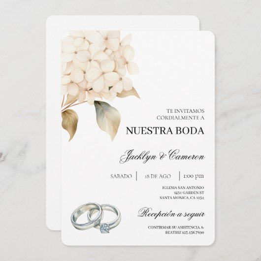 White Hydrangea with ring Spanish Wedding 招待状 (正面/裏面)