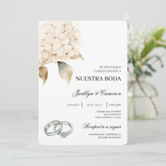 White Hydrangea with ring Spanish Wedding 招待状 (スタンド正面)