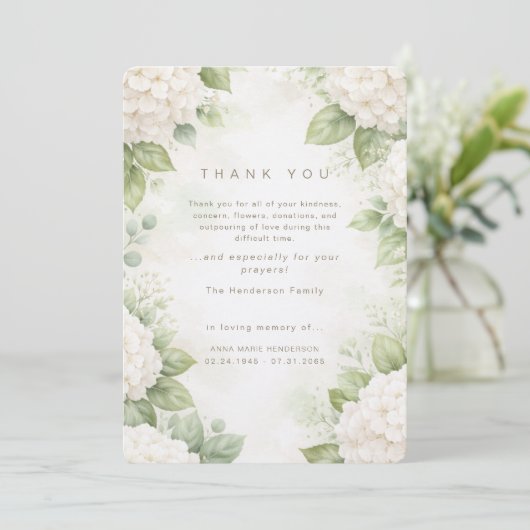 White Hydrangeas Bereavement Funeral Thank You サンキューカード (スタンド正面)