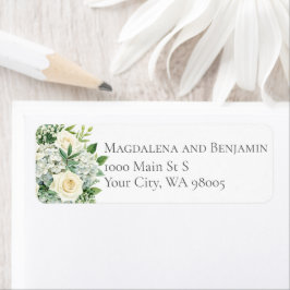 White Hydrangeas Roses Flowers Greenery Wedding ラベル