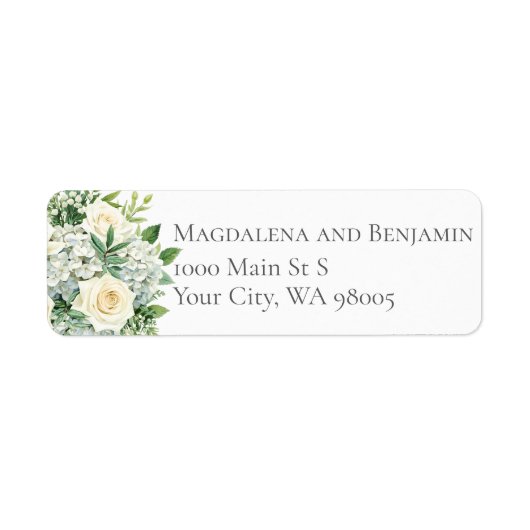 White Hydrangeas Roses Flowers Greenery Wedding ラベル (正面)