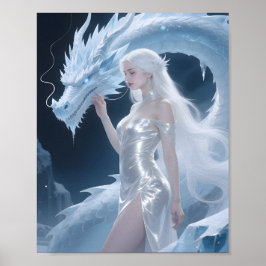 White Ice Dragon Queen Fantasy Silver Blue ポスター
