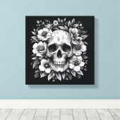 White Ink Floral Skull Gothic Wall Canvas キャンバスプリント (インサイチュ (ウッドフロア))