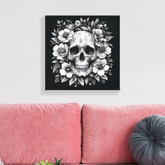 White Ink Floral Skull Gothic Wall Canvas キャンバスプリント (インサイチュ (リビング))