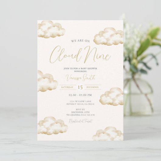 White Ivory Cloud Nine Baby Shower Party 招待状 (スタンド正面)