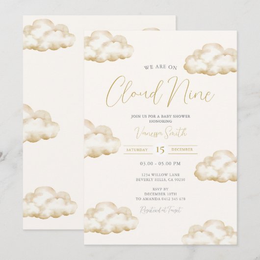 White Ivory Cloud Nine Baby Shower Party 招待状 (正面/裏面)