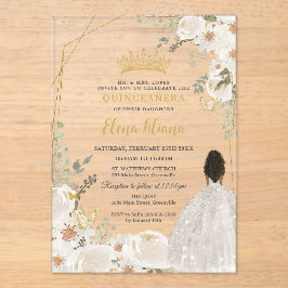 White Ivory Floral Brown Princess Gold Quinceanera アクリル招待状