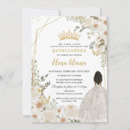 White Ivory Floral Brown Princess Gold Quinceanera 招待状