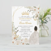 White Ivory Floral Brown Princess Gold Quinceanera 招待状 (スタンド正面)
