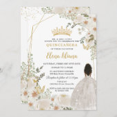 White Ivory Floral Brown Princess Gold Quinceanera 招待状 (正面/裏面)