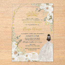 White Ivory Floral Princess Gold Quinceanera 15 XV アクリル招待状