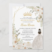 White Ivory Floral Princess Gold Quinceanera 15 XV 招待状 (正面)