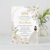 White Ivory Floral Princess Gold Quinceanera 15 XV 招待状 (スタンド正面)