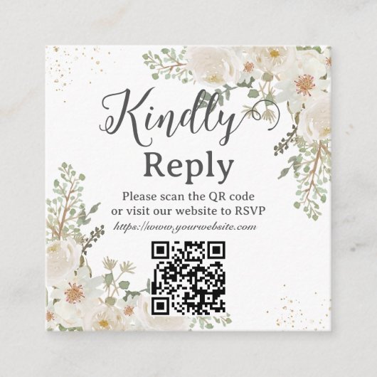 White Ivory Floral Wedding Bridal Shower QR RSVP エンクロージャーカード (正面)