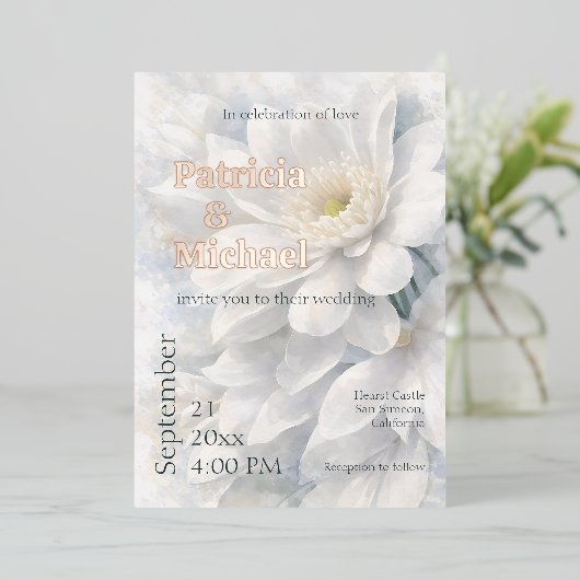 White Ivory Quiet Luxury Romantic Elegant Wedding  箔招待状 (立ち正面)