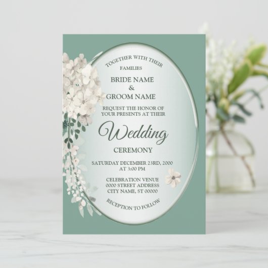 White Jasmine Floral Green Geometric Wedding 招待状 (スタンド正面)