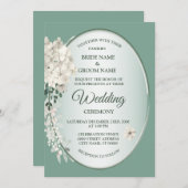 White Jasmine Floral Green Geometric Wedding 招待状 (正面/裏面)