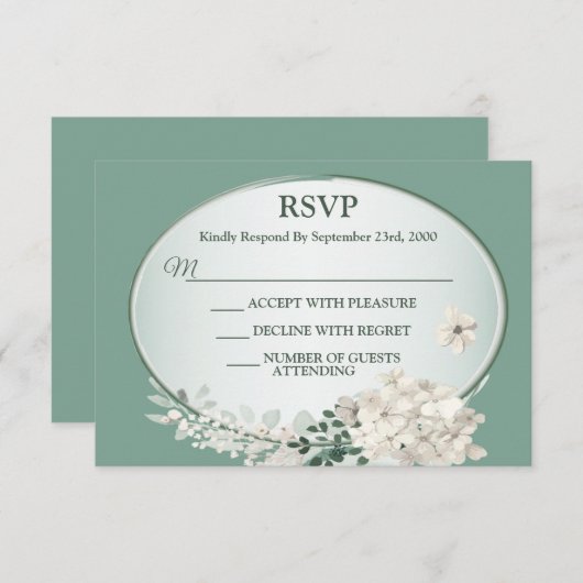 White Jasmine Floral Green Geometric Wedding Party 出欠カード (正面/裏面)