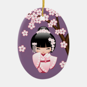 White Kimono Kokeshi Doll Cute Geisha Girl Purple セラミックオーナメント