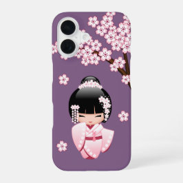 White Kimono Kokeshi Doll Cute Geisha Girl Purple iPhone 16ケース