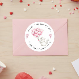 White Kitten Pink Hearts Balloons Valentine's Kids ラウンドシール
