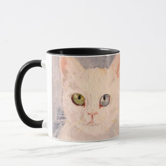 White Kitten with Blue Eye and Green Eye Mug マグカップ (左)