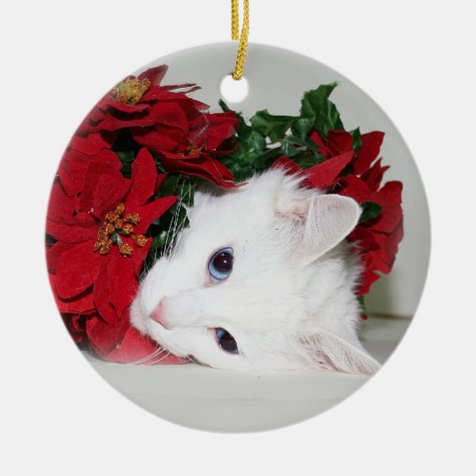 White kitty Christmas セラミックオーナメント (正面)